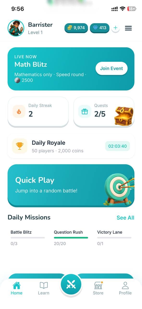 Quiz Royale home screen with daily quests and quick actions