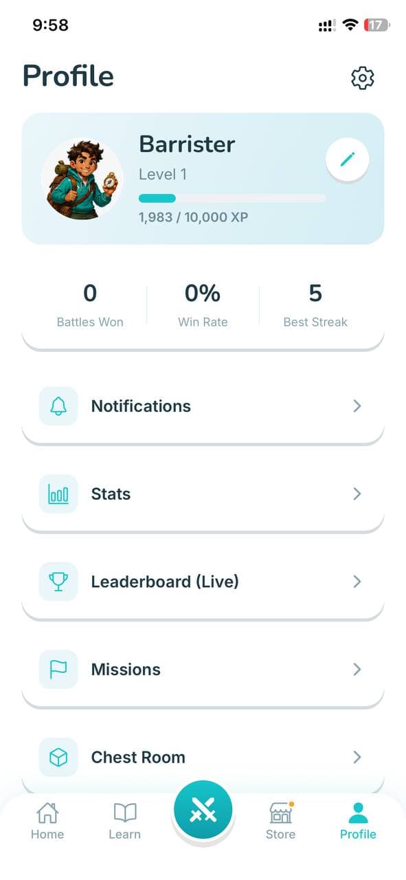 Player profile with level, stats, and cosmetics